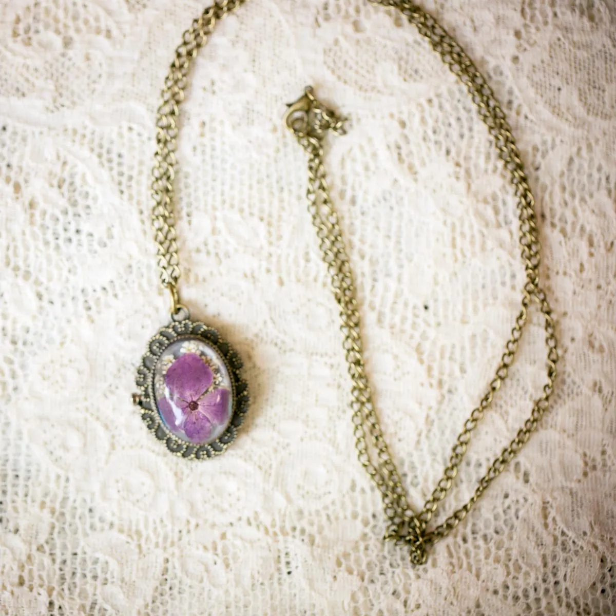 Purple Blossom Pressed Flower Pocket Watch