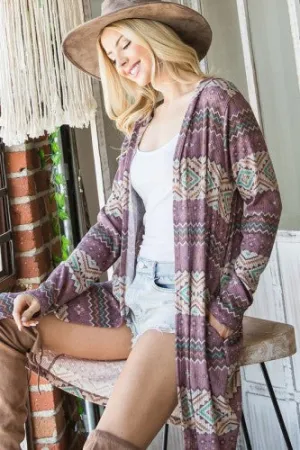 Purple Ethnic Print Ribbed Cardigan