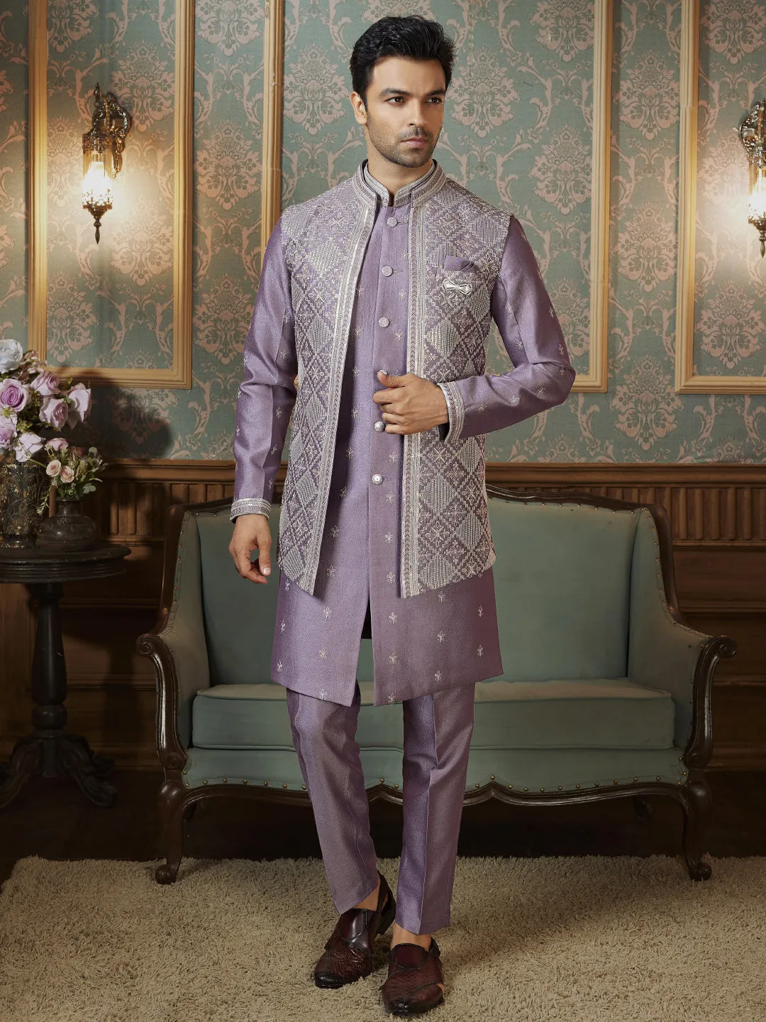 Purple hue embroidered Indo Western set