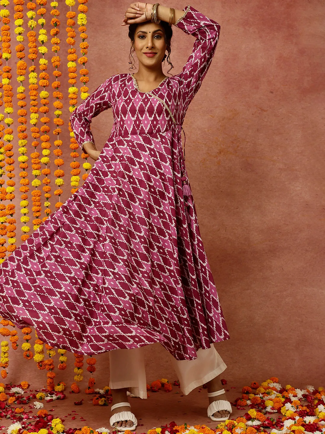 Purple Ikat Printed Angrakha Kurta
