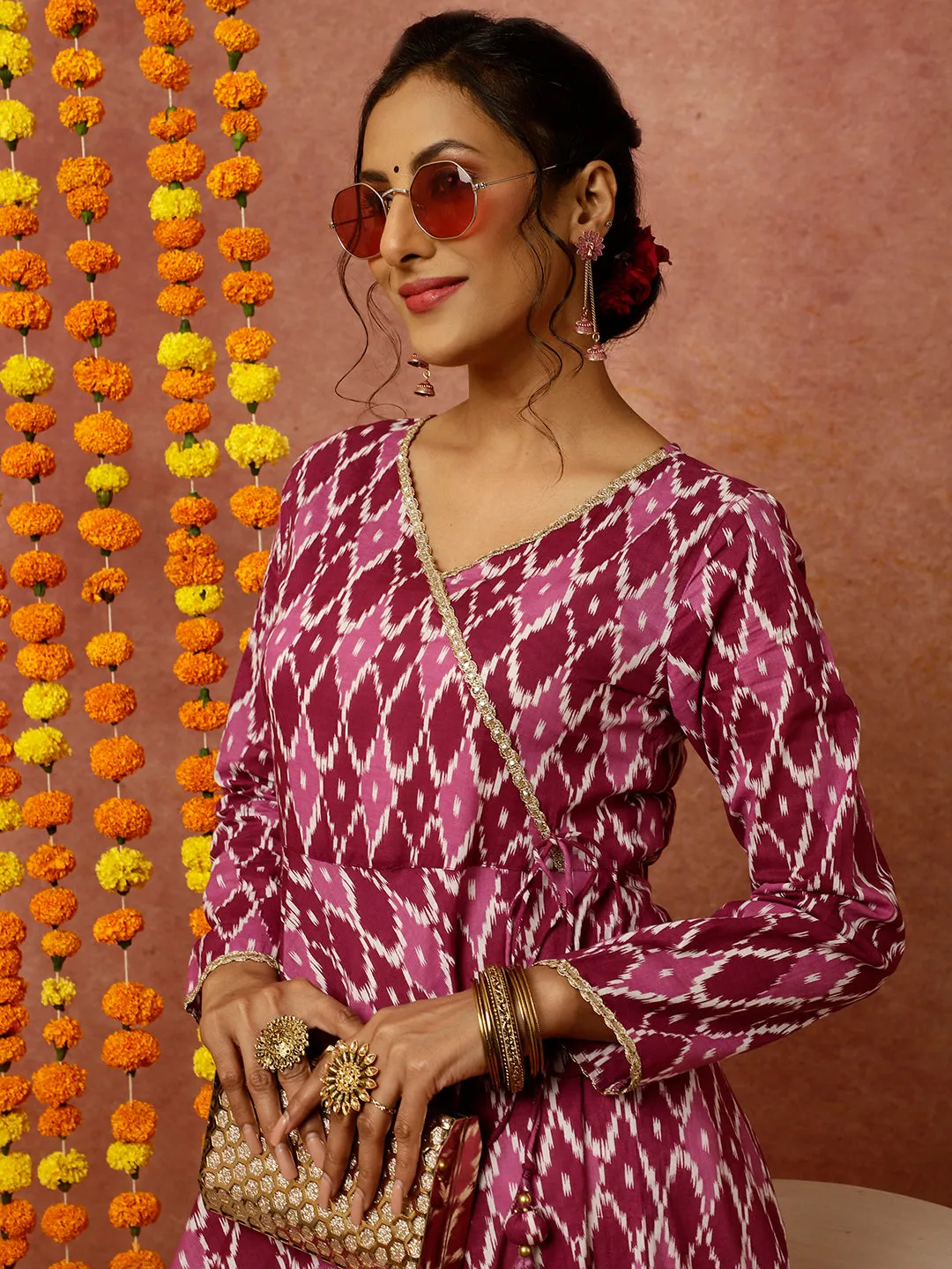 Purple Ikat Printed Angrakha Kurta