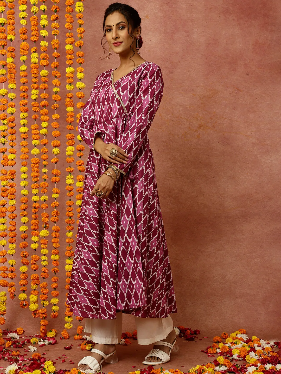Purple Ikat Printed Angrakha Kurta