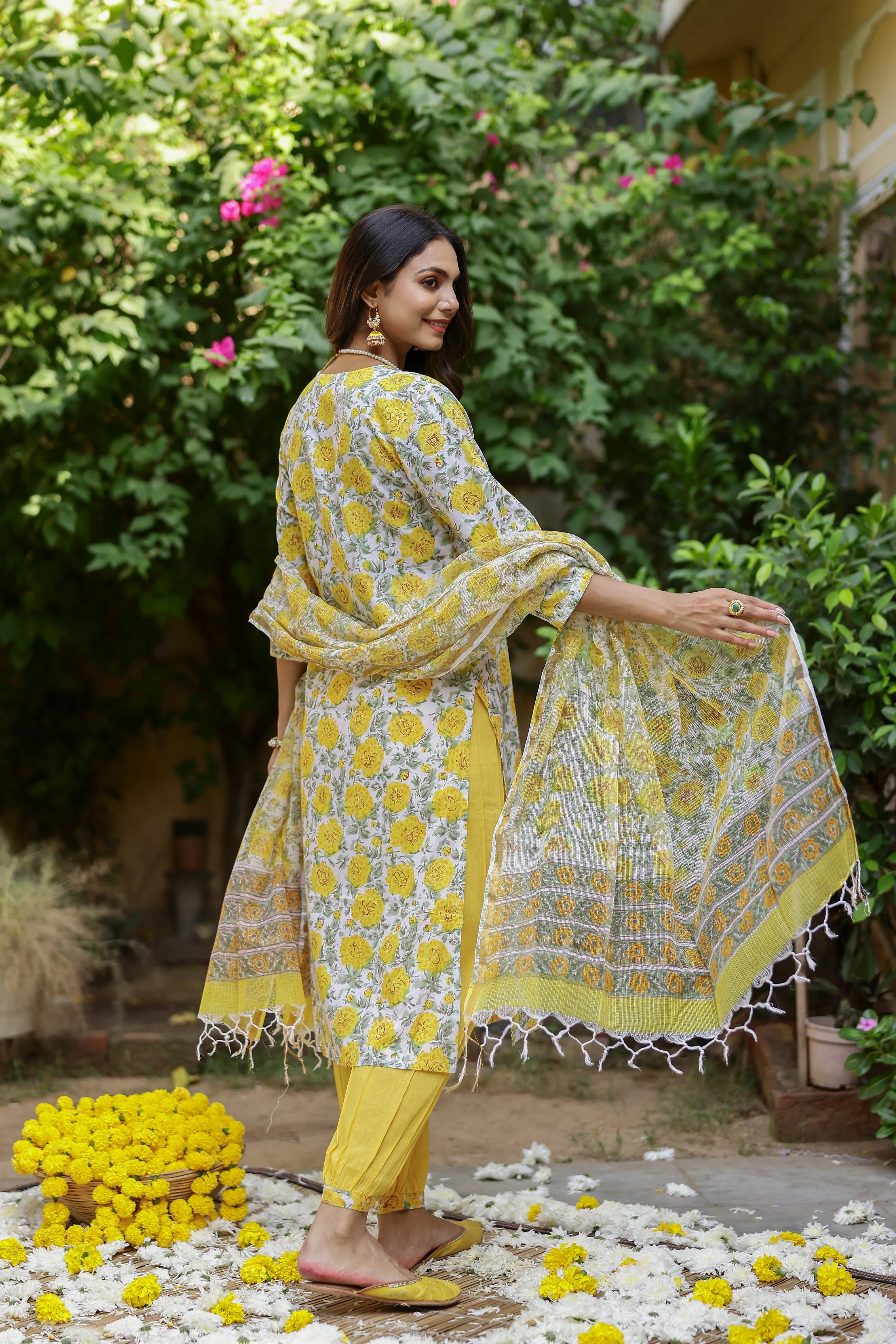 "Marigold" Cotton Kurta Set with Kota Doriya Dupatta(3pc)