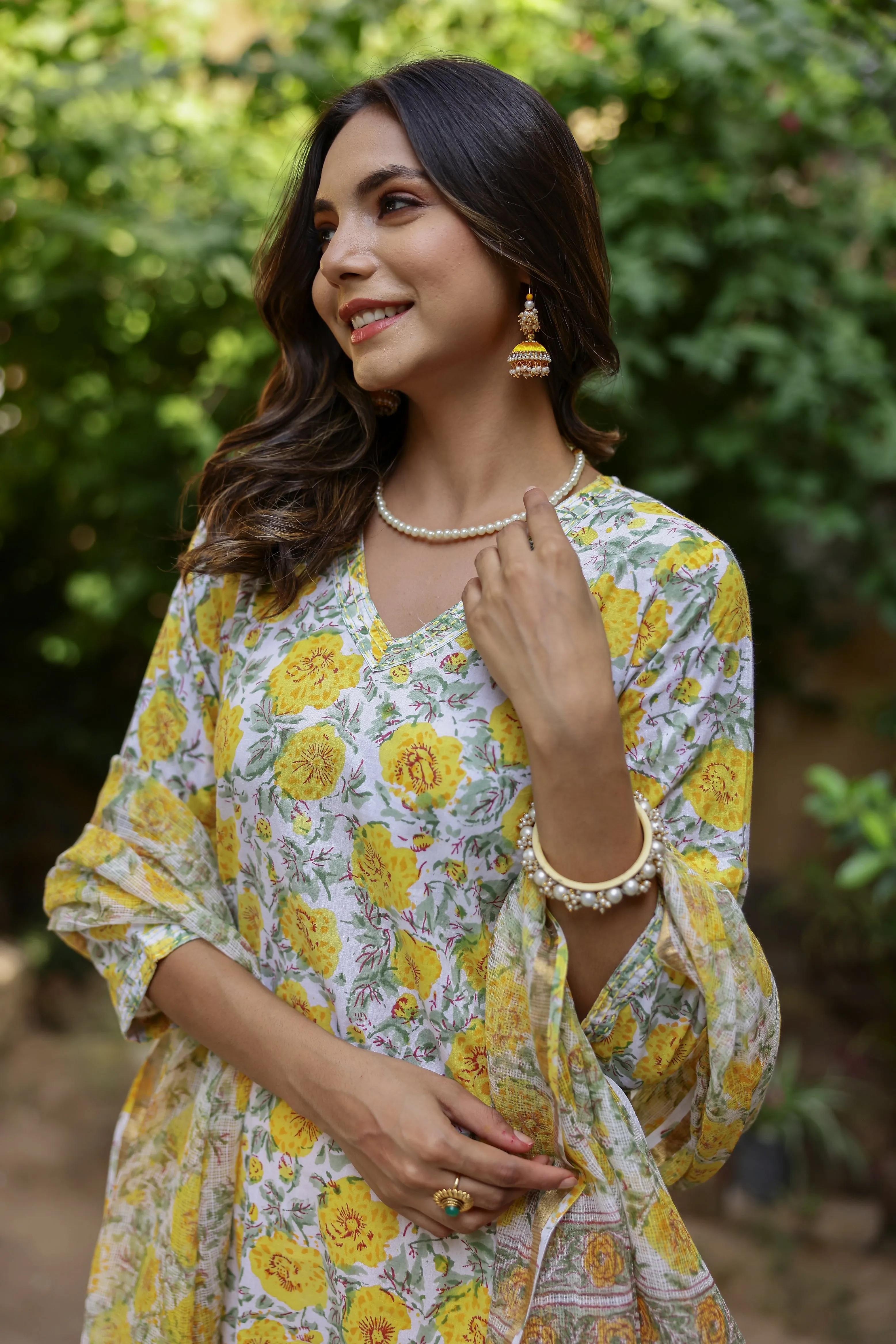 "Marigold" Cotton Kurta Set with Kota Doriya Dupatta(3pc)