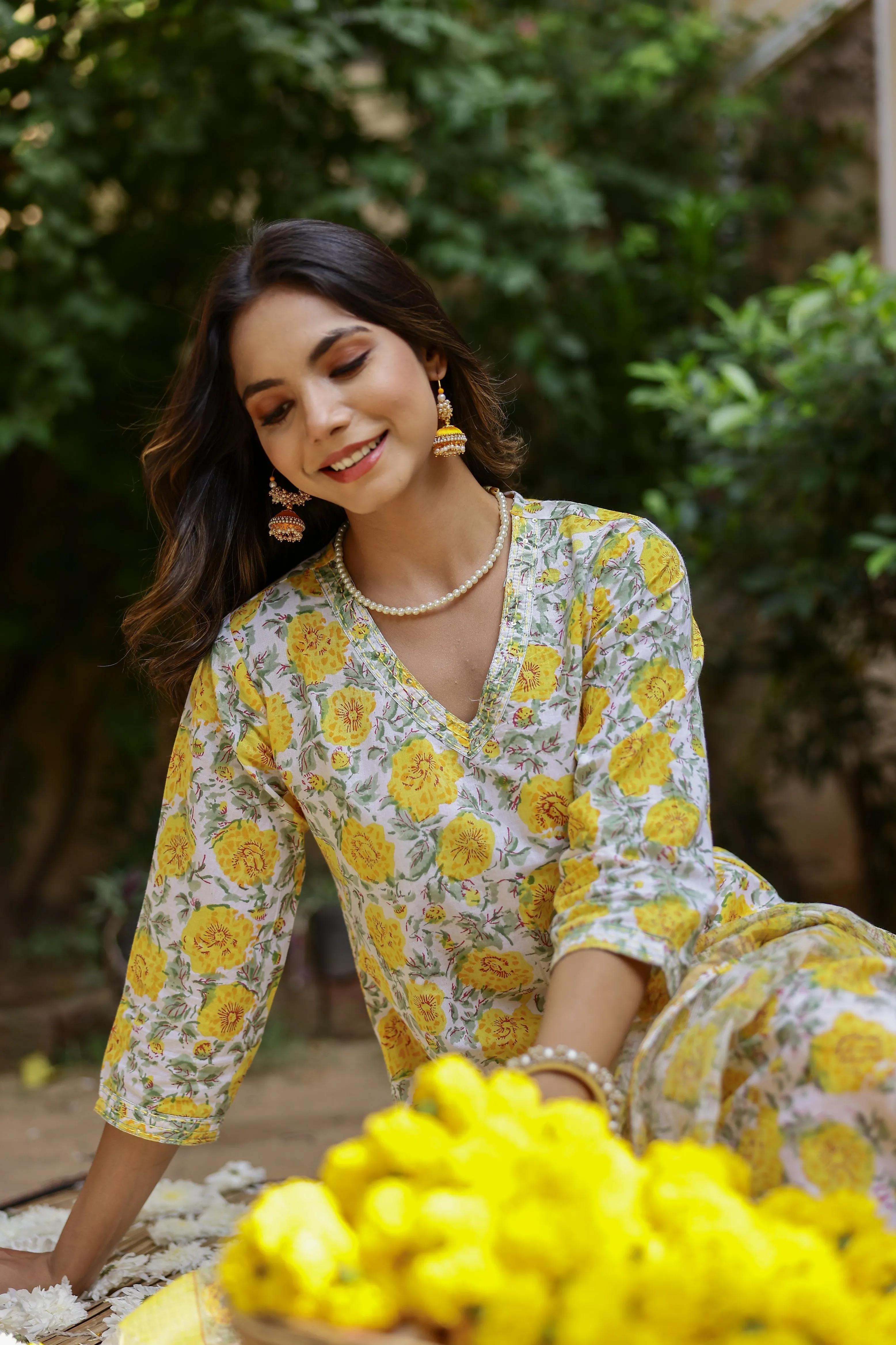 "Marigold" Cotton Kurta Set with Kota Doriya Dupatta(3pc)