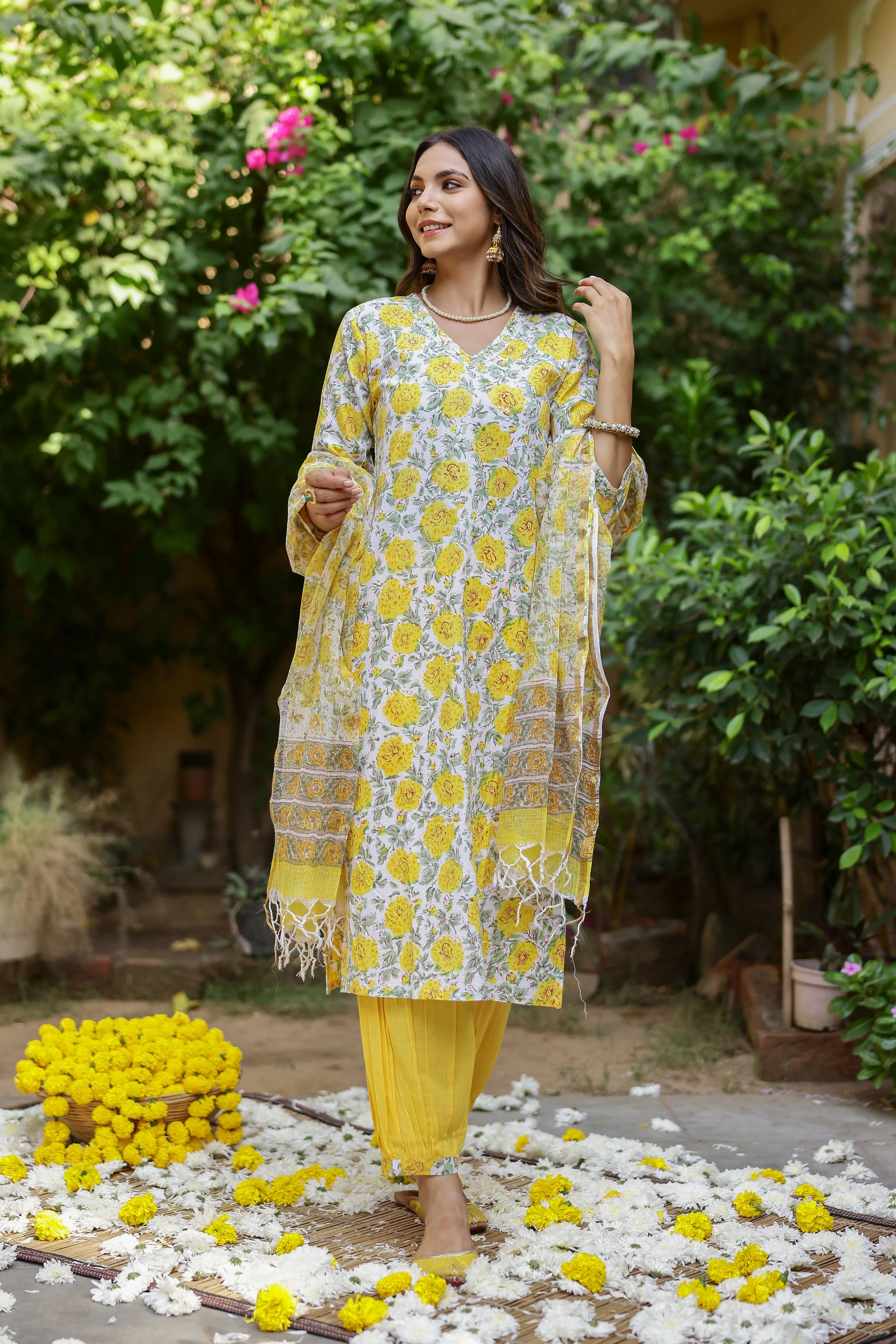 "Marigold" Cotton Kurta Set with Kota Doriya Dupatta(3pc)