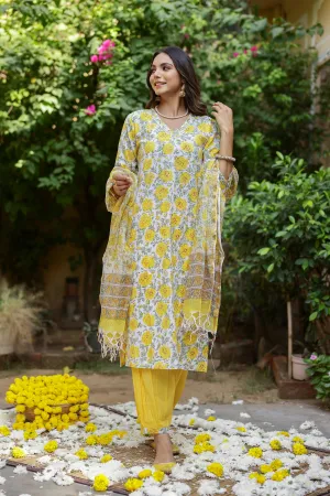 "Marigold" Cotton Kurta Set with Kota Doriya Dupatta(3pc)