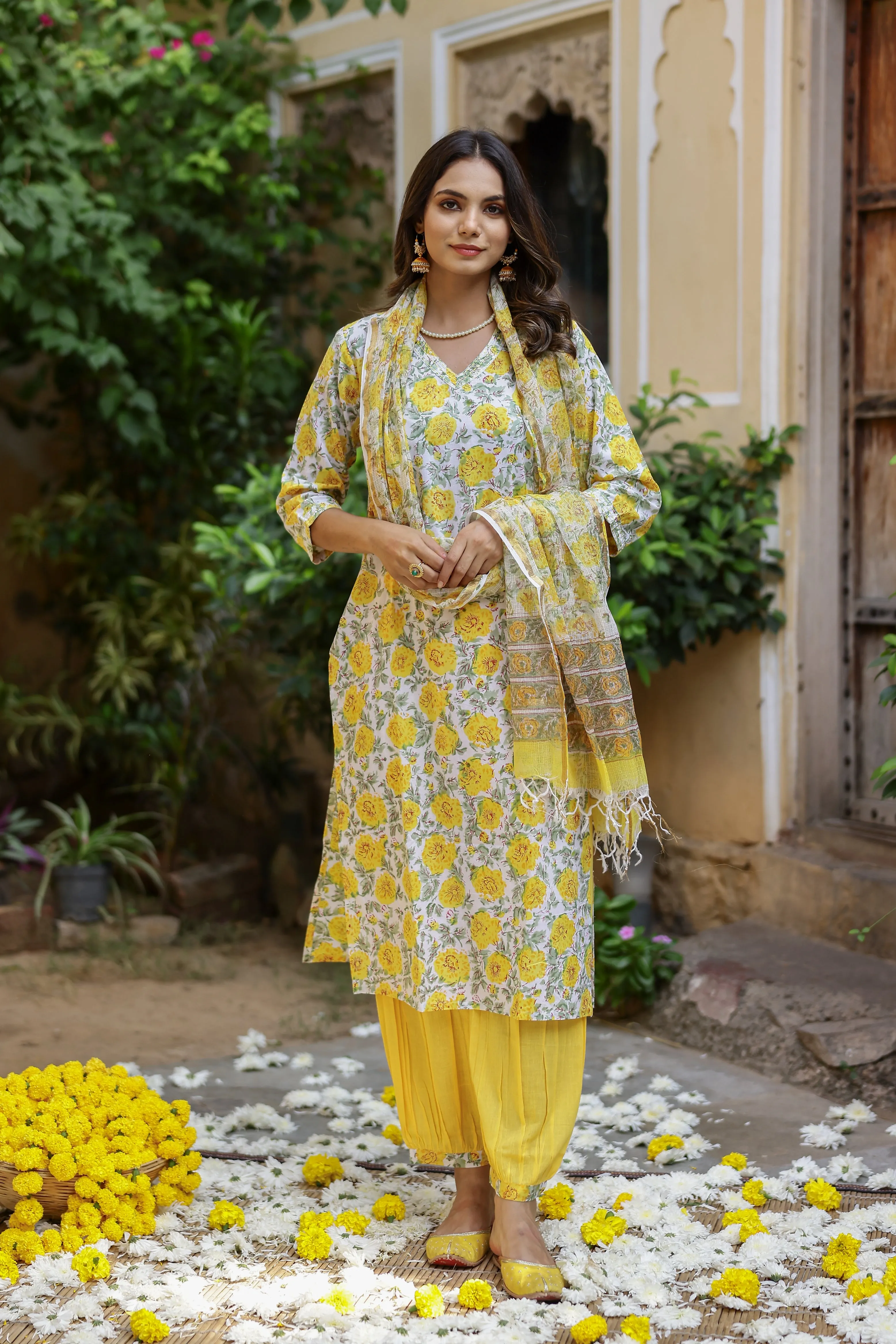 "Marigold" Cotton Kurta Set with Kota Doriya Dupatta(3pc)