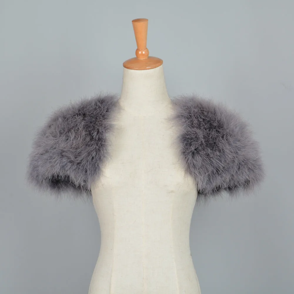 Real Fur Cape Shrug Genuine Ostrich Feather Fur Shawl Poncho Grey