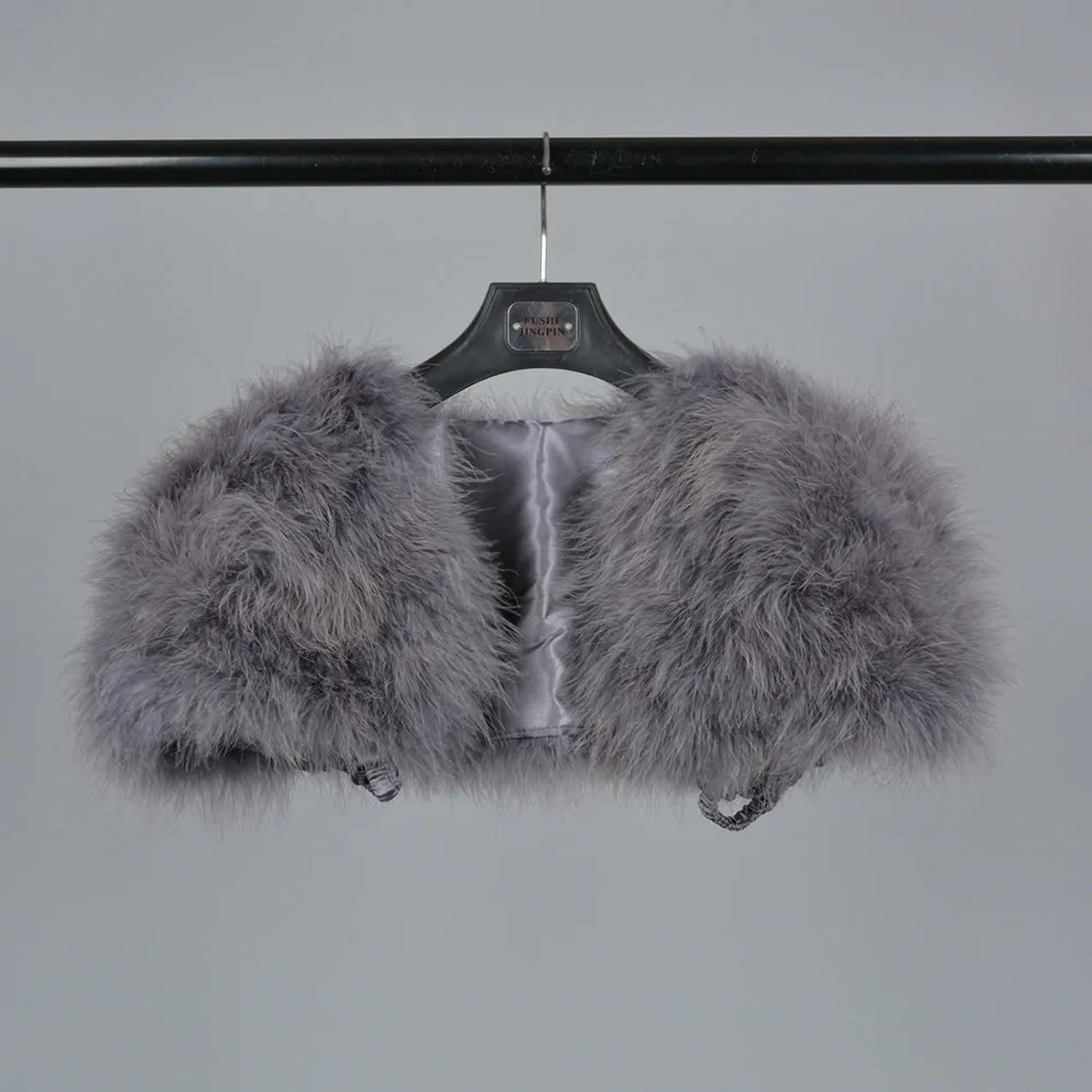 Real Fur Cape Shrug Genuine Ostrich Feather Fur Shawl Poncho Grey