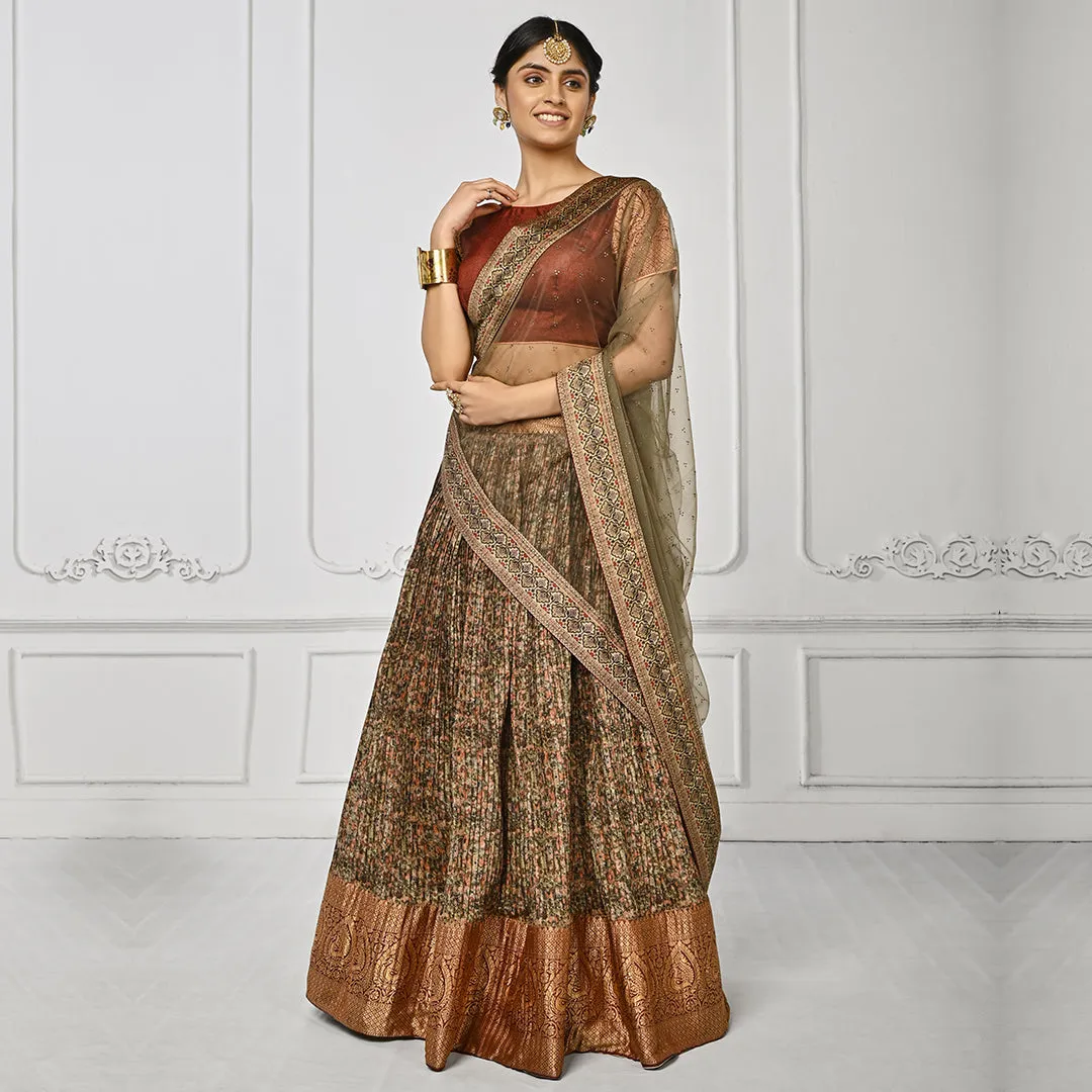 Red Banarsi Lehenga Set with Green Dupatta