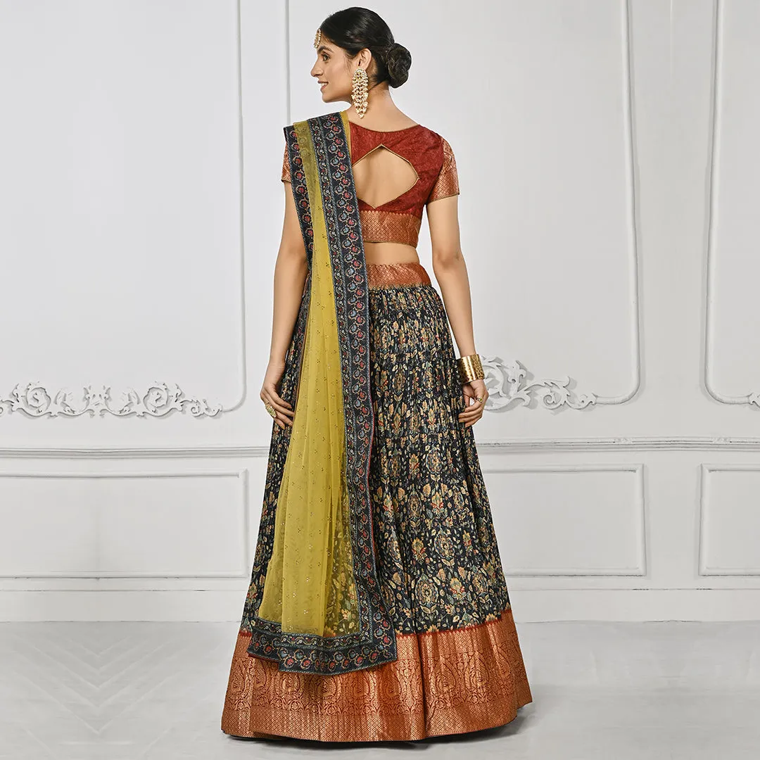 Red Brocade and Multi-coloured Lehenga Set