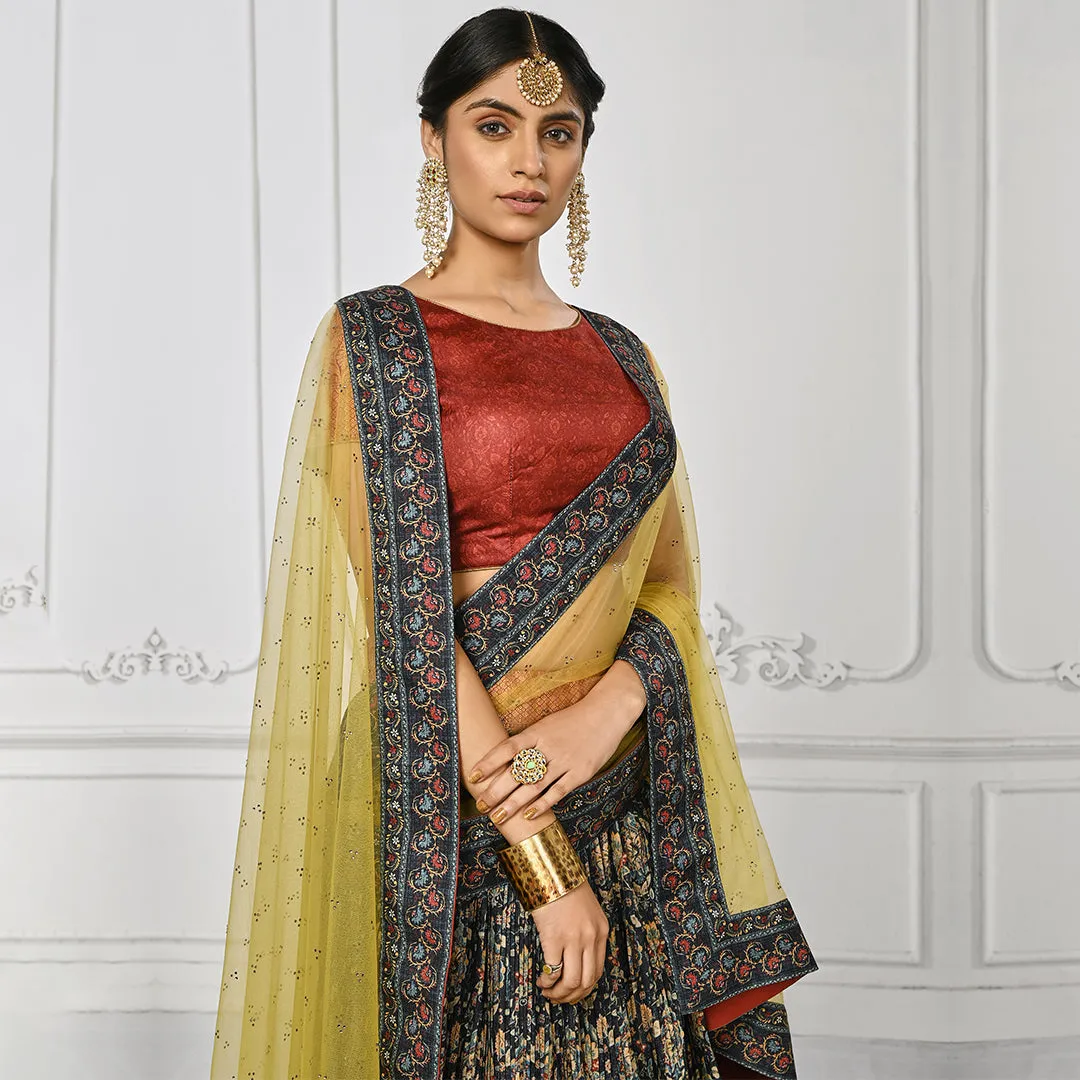 Red Brocade and Multi-coloured Lehenga Set