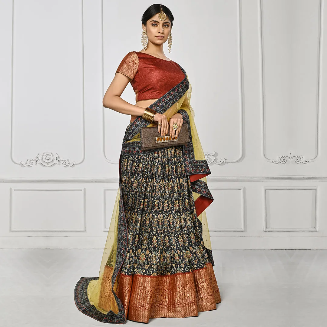Red Brocade and Multi-coloured Lehenga Set