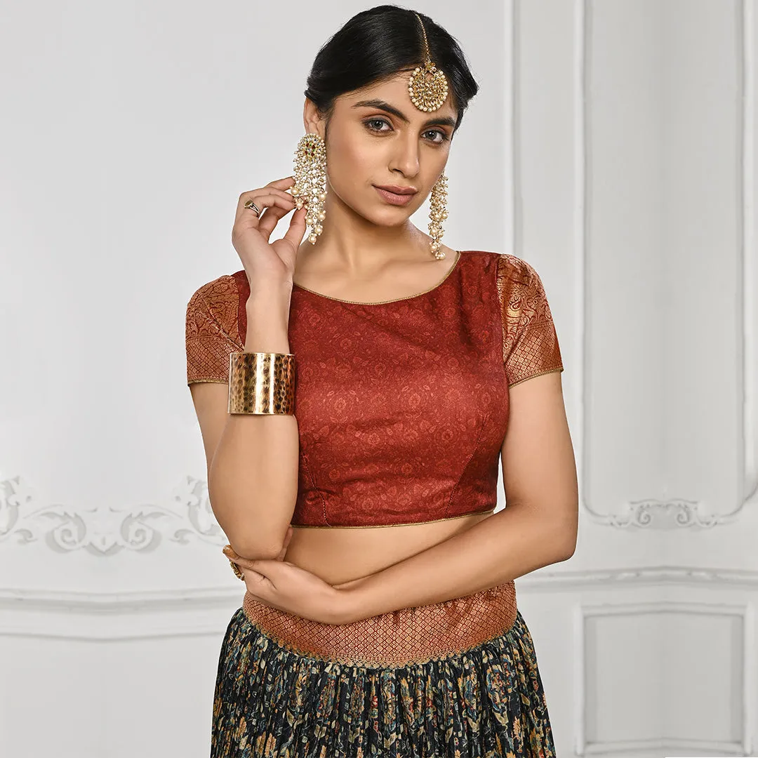 Red Brocade and Multi-coloured Lehenga Set