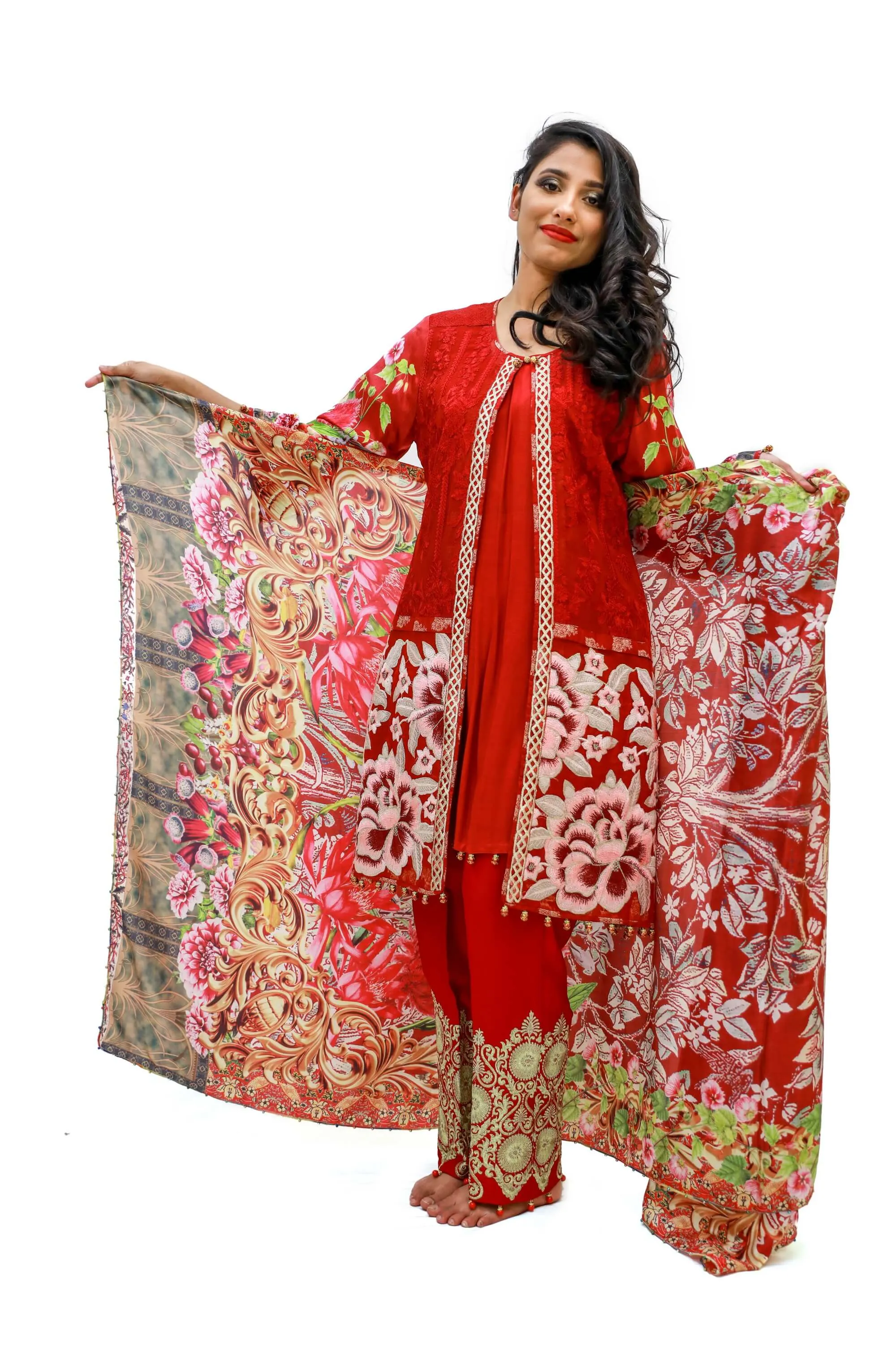 Red Chiffon & Silk Salwar Kameez - Suit