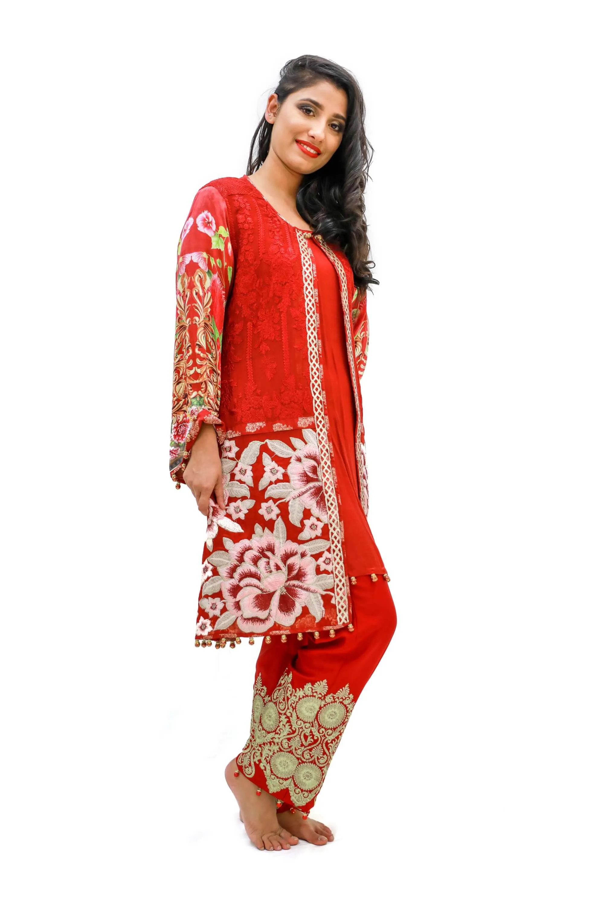 Red Chiffon & Silk Salwar Kameez - Suit