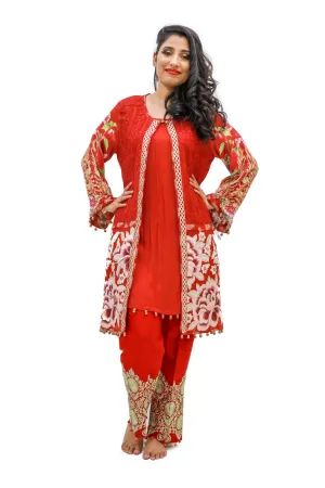 Red Chiffon & Silk Salwar Kameez - Suit
