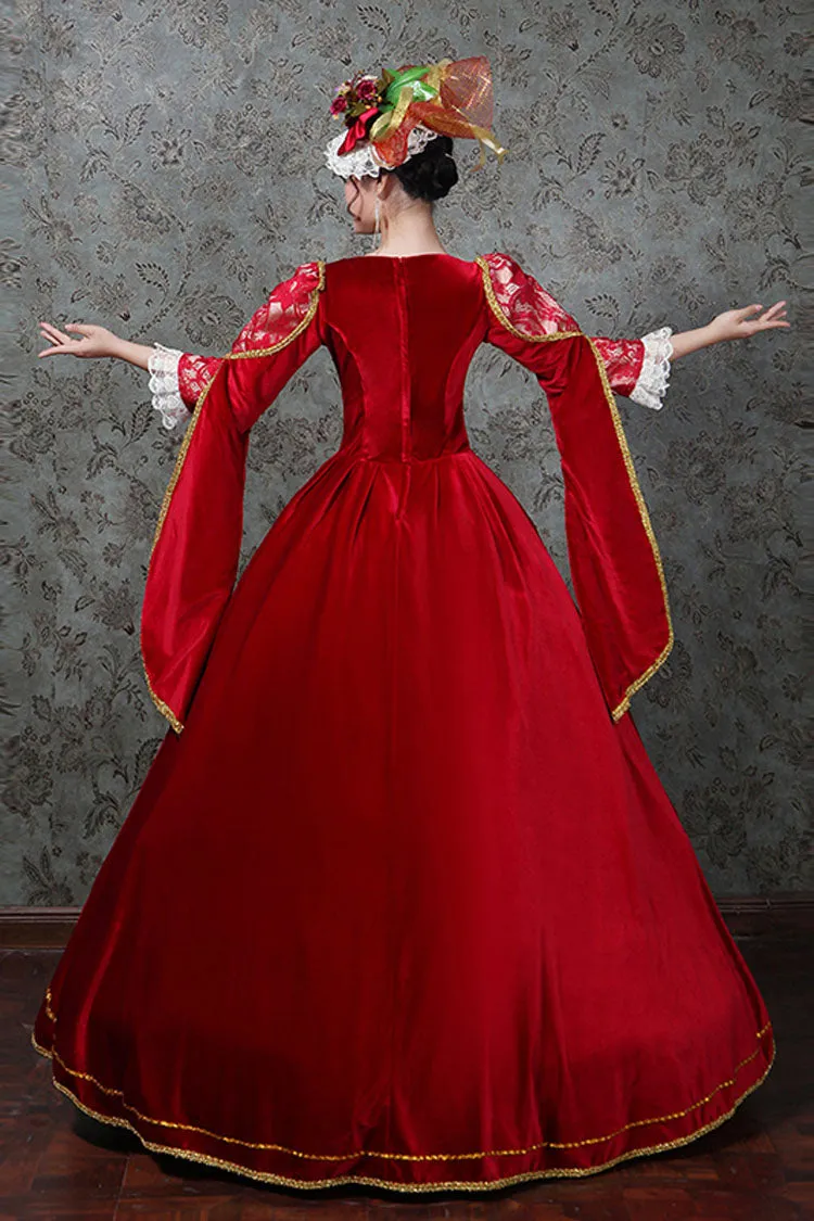 Red Hollow Embroidery Floral Print Half Sleeves High Waisted Victorian Lolita Prom Dress