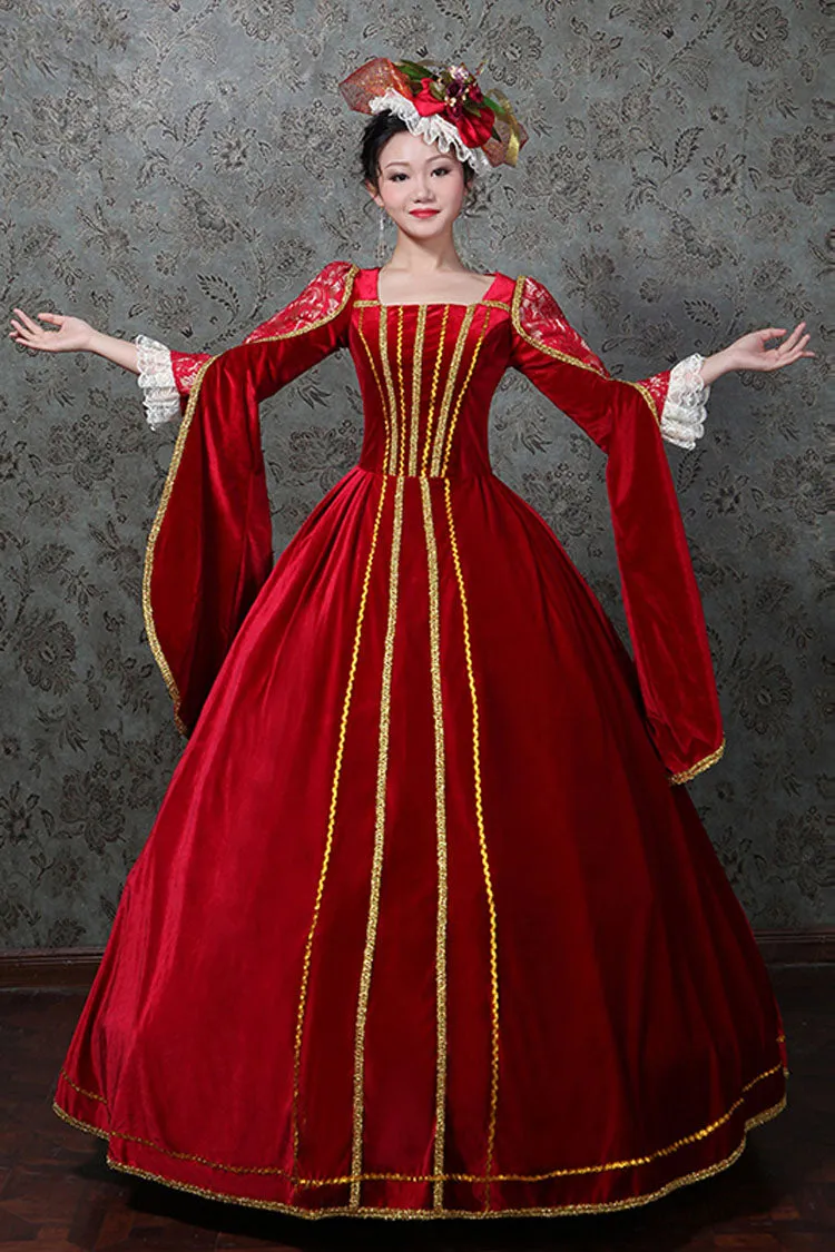Red Hollow Embroidery Floral Print Half Sleeves High Waisted Victorian Lolita Prom Dress