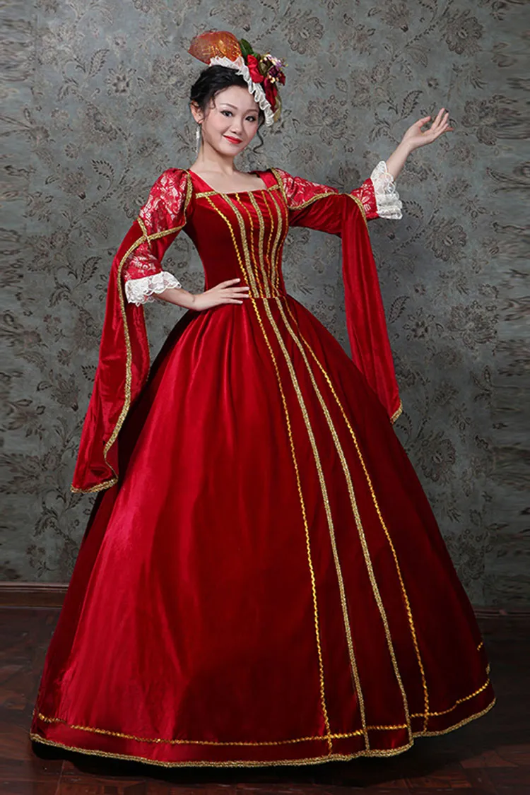 Red Hollow Embroidery Floral Print Half Sleeves High Waisted Victorian Lolita Prom Dress