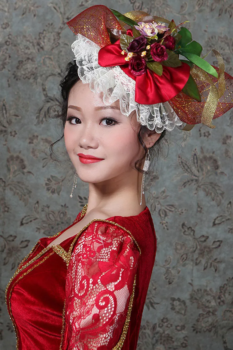 Red Hollow Embroidery Floral Print Half Sleeves High Waisted Victorian Lolita Prom Dress