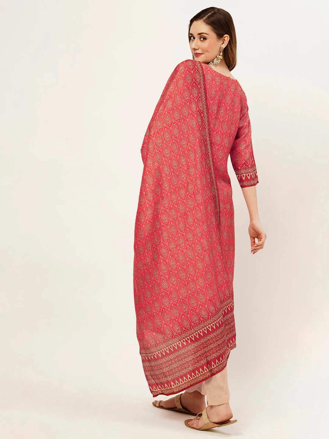 Red Kurta Set for Women - Ethnic Print Red Straight Kurta Set With Dupatta For Women