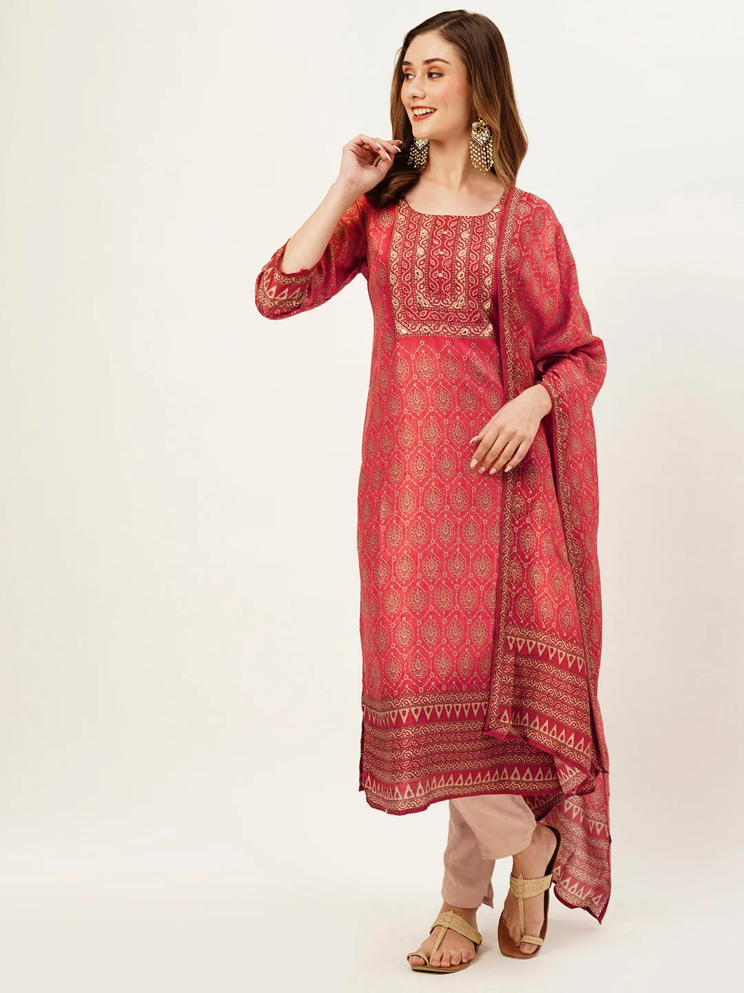 Red Kurta Set for Women - Ethnic Print Red Straight Kurta Set With Dupatta For Women