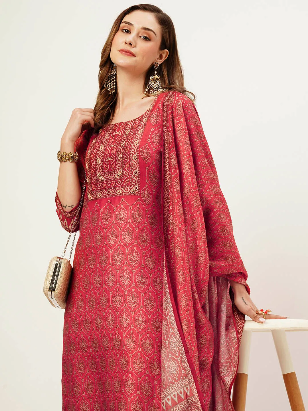 Red Kurta Set for Women - Ethnic Print Red Straight Kurta Set With Dupatta For Women