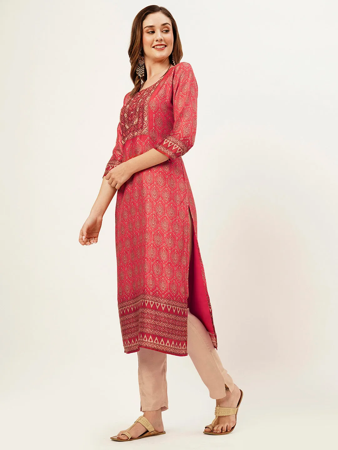 Red Kurta Set for Women - Ethnic Print Red Straight Kurta Set With Dupatta For Women