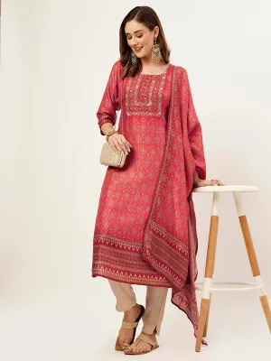 Red Kurta Set for Women - Ethnic Print Red Straight Kurta Set With Dupatta For Women