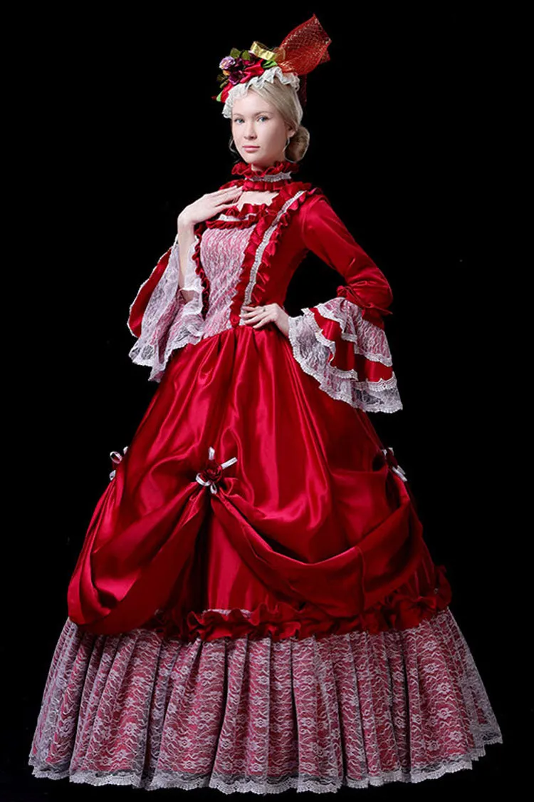 Red Multi-Layer Hime Sleeves High Waisted Hollow Embroidery Floral Print Victorian Lolita Prom Dress