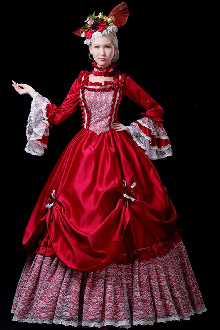 Red Multi-Layer Hime Sleeves High Waisted Hollow Embroidery Floral Print Victorian Lolita Prom Dress