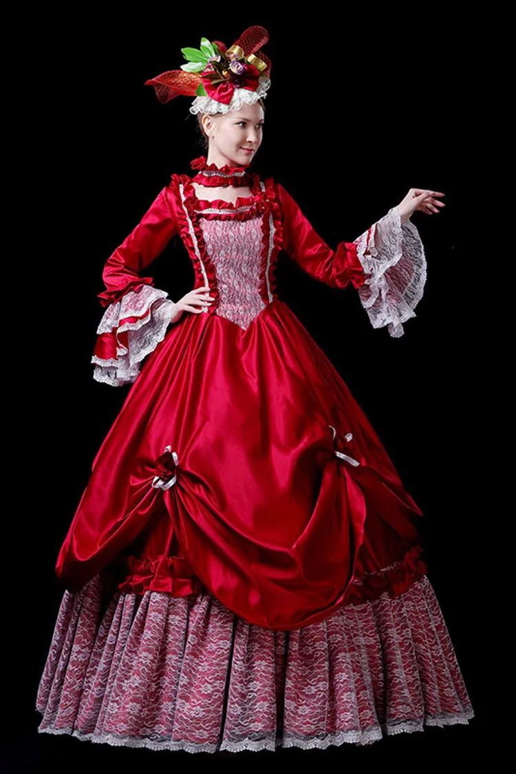 Red Multi-Layer Hime Sleeves High Waisted Hollow Embroidery Floral Print Victorian Lolita Prom Dress