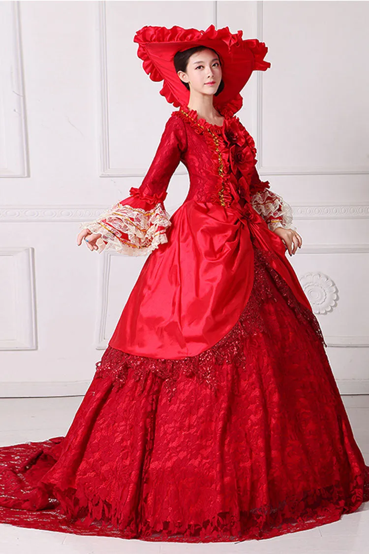 Red Multi-Layer Lace Stitching Trumpet Sleeves High Waisted Bowknot Hollow Floral Embroidery Victorian Lolita Prom Dress