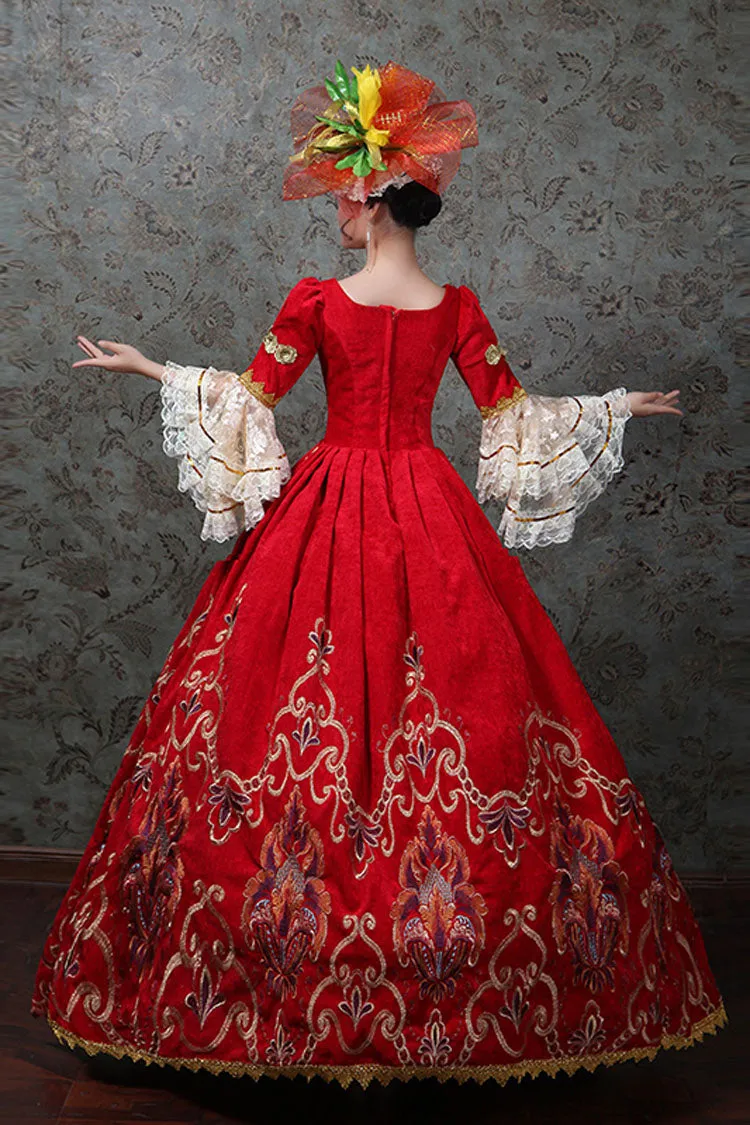 Red Multi-Layer Trumpet Sleeves Half Sleeves High Waisted Embroidery Print Victorian Lolita Prom Dress