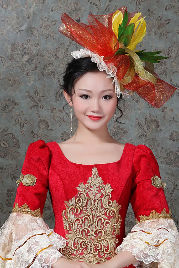 Red Multi-Layer Trumpet Sleeves Half Sleeves High Waisted Embroidery Print Victorian Lolita Prom Dress
