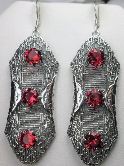 Red Ruby Earrings, Triple Gems, Edwardian Jewelry E42