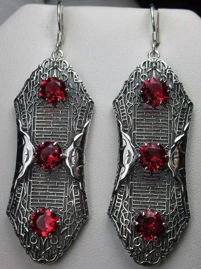 Red Ruby Earrings, Triple Gems, Edwardian Jewelry E42