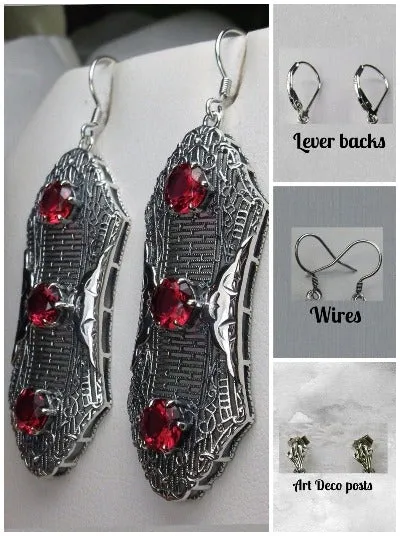 Red Ruby Earrings, Triple Gems, Edwardian Jewelry E42
