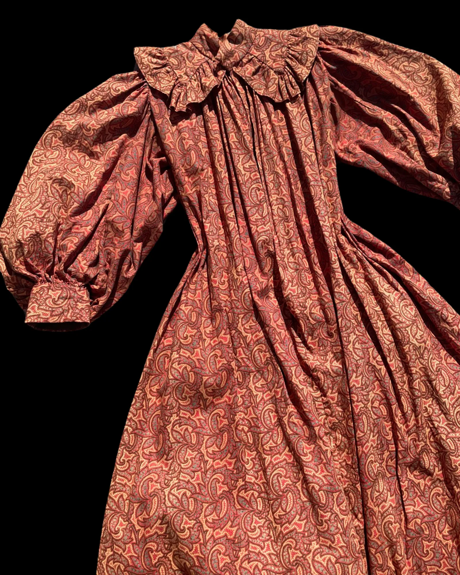 Reserved- 1890s Terracotta Indian Inspired Printed Bishop Sleeve Wrapper Gown