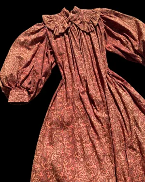 Reserved- 1890s Terracotta Indian Inspired Printed Bishop Sleeve Wrapper Gown