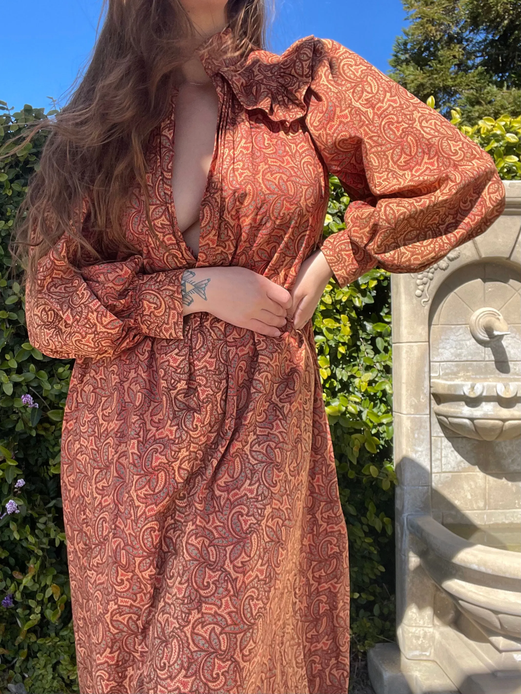 Reserved- 1890s Terracotta Indian Inspired Printed Bishop Sleeve Wrapper Gown