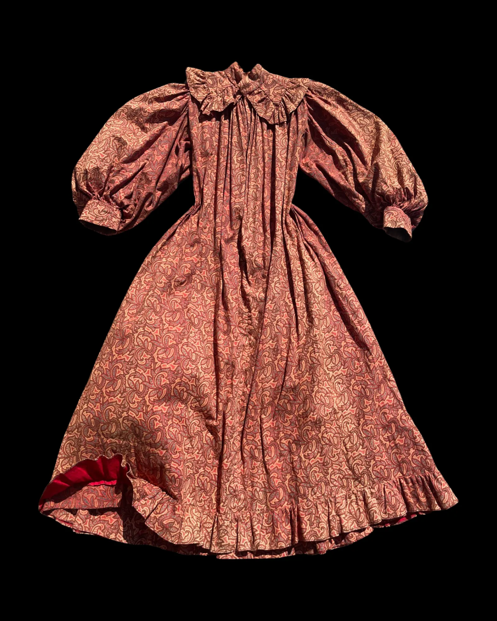 Reserved- 1890s Terracotta Indian Inspired Printed Bishop Sleeve Wrapper Gown