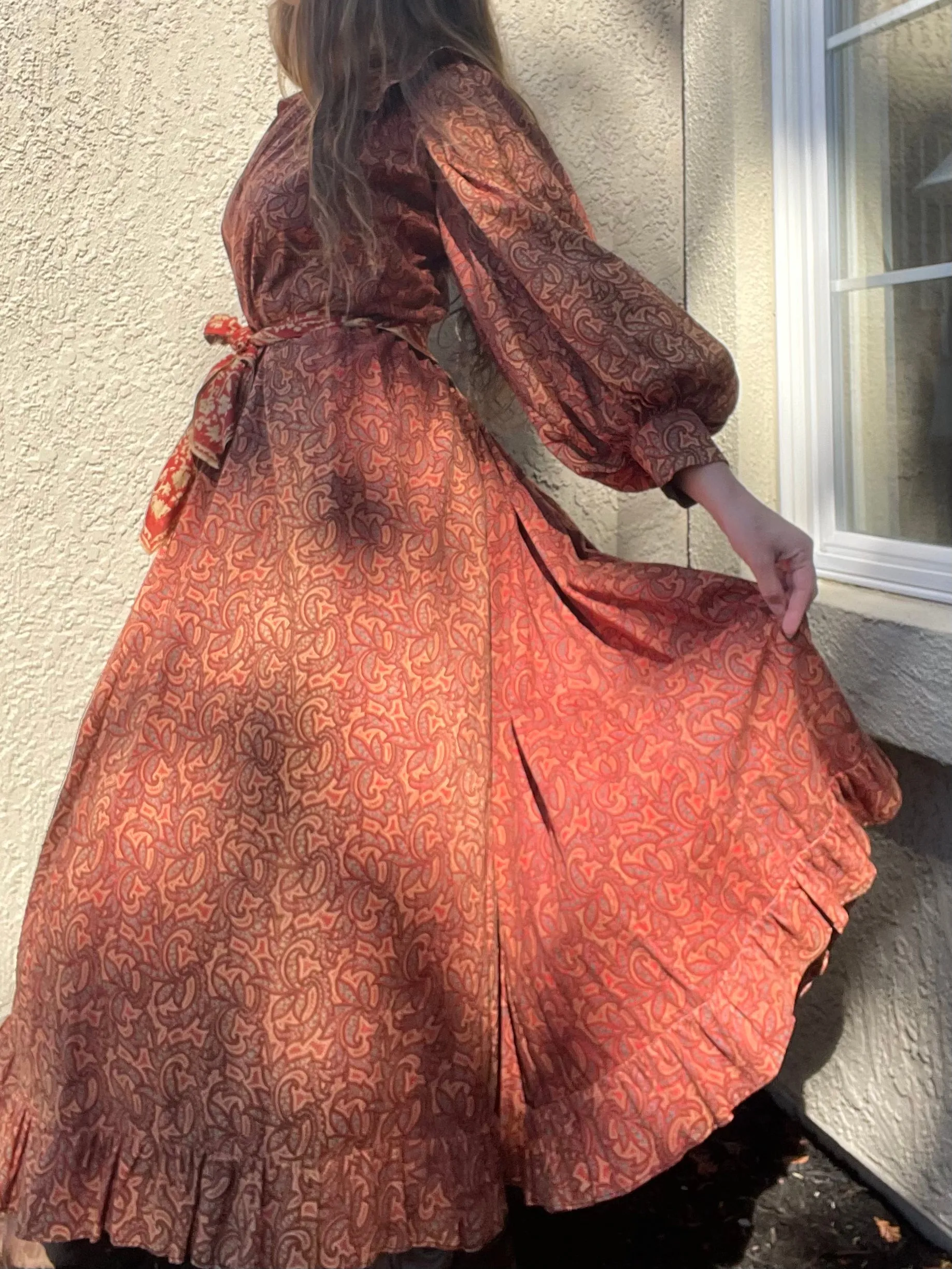 Reserved- 1890s Terracotta Indian Inspired Printed Bishop Sleeve Wrapper Gown