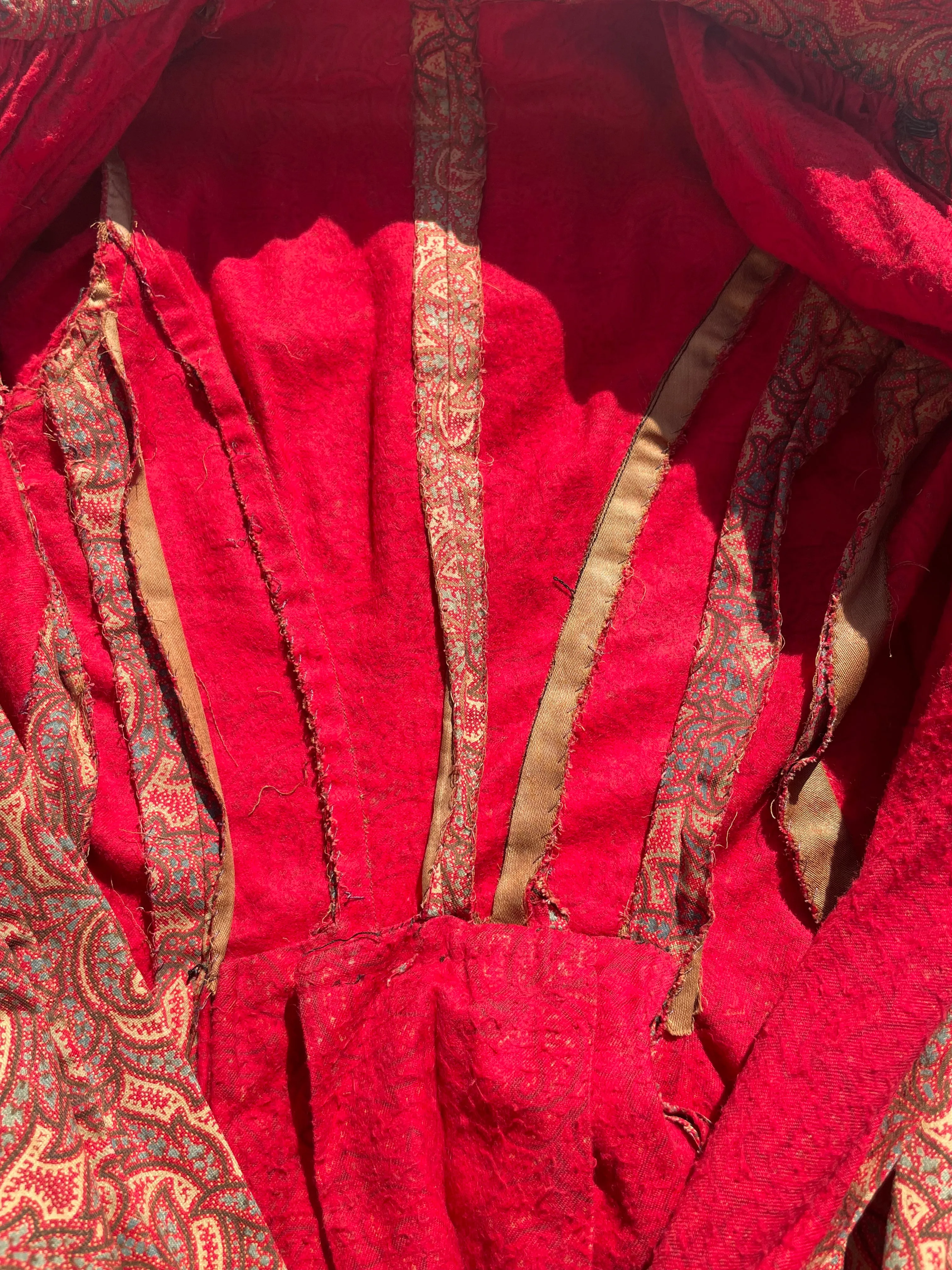 Reserved- 1890s Terracotta Indian Inspired Printed Bishop Sleeve Wrapper Gown