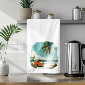 Retro Beach Van Tea Towel: Vintage Beach Kitchen Decor with Palm Trees & Beach Scene, Perfect Gift for Beach Lovers