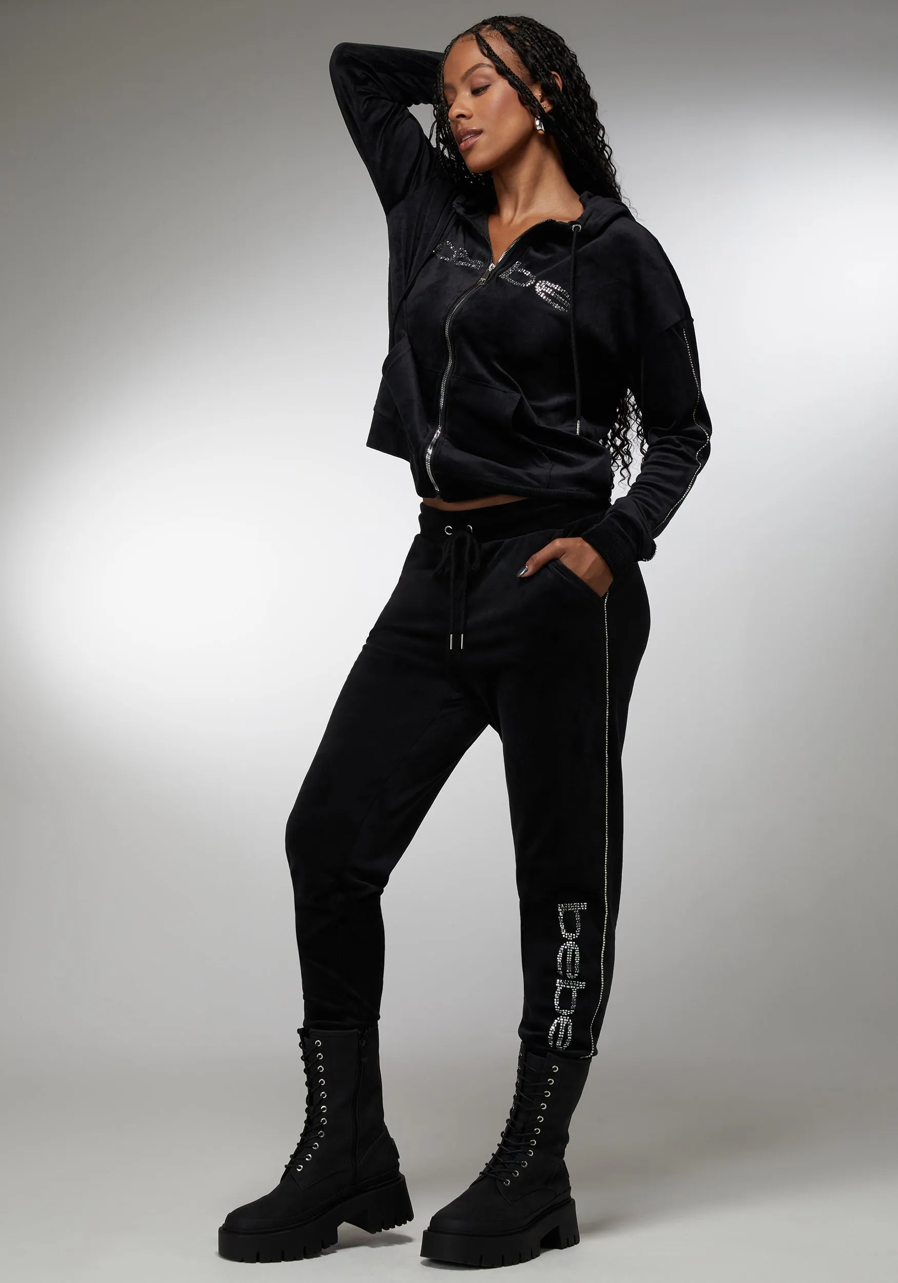 Rhinestone Detail Velour Jogger