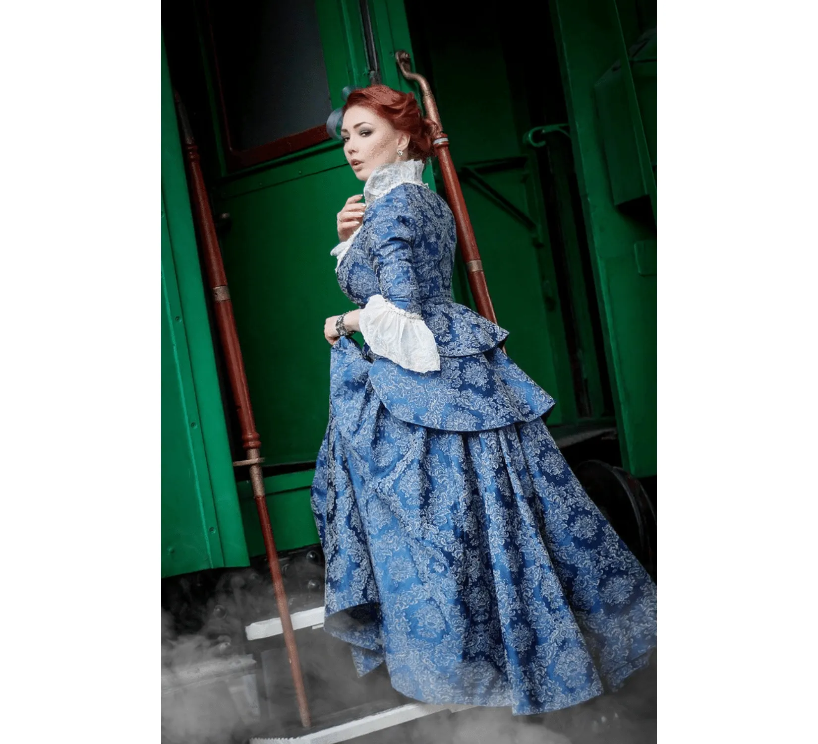 Rococo Revival blue cotton jacquard dress