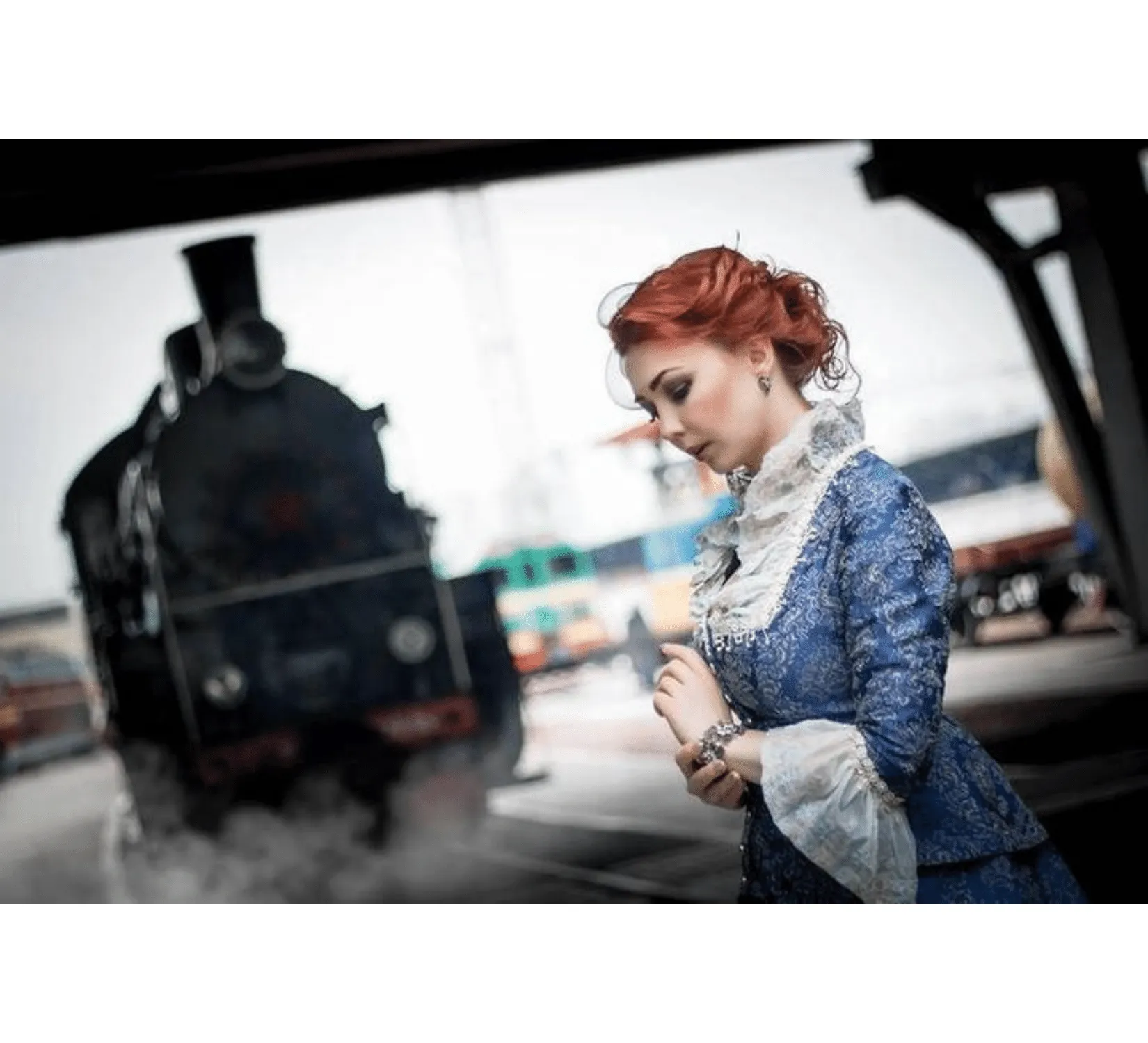 Rococo Revival blue cotton jacquard dress